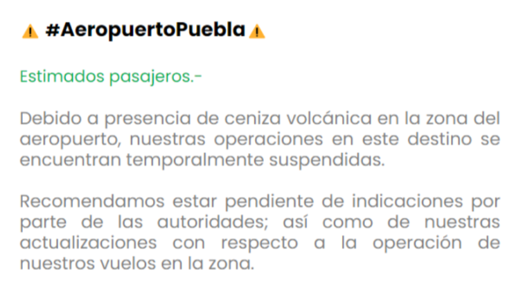 Suspenden vuelos en el aeropuerto de Huejotzingo por caída de ceniza