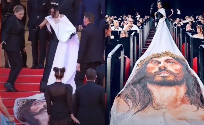 Massiel Taveras, actriz latina, se pelea con seguridad de Cannes por llevar un vestido con el rostro de Jesús