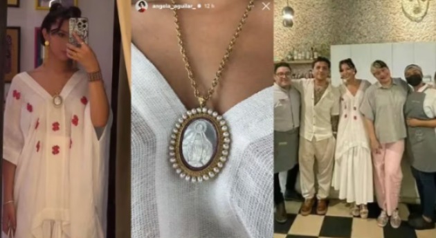 Ángela Aguilar muestra su medalla en honor a la patrona de las embarazadas